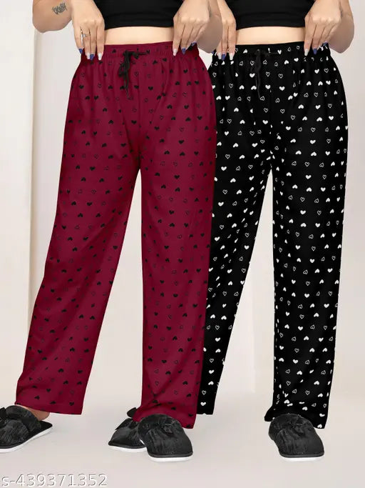MaroonBlack printed pure cotton maxi length women's pyjama set, pack of 2 for a cozy bedtime look