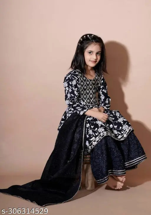 Black rayon anarkali with sharara bottom, embroidered three-quarter sleeves, Indian kids' clothing for 5-6, 7-8, 9-10, and 11-12 years