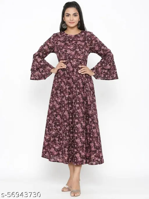 Solid cotton Anarkali kurta dress in attractive print, three-quarter sleeves for women and girls, Indian fashion wear on model