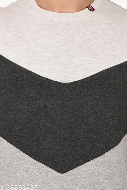 Grey cotton paneled regular fit men's t-shirt, long sleeves, solid design - perfect for everyday wear