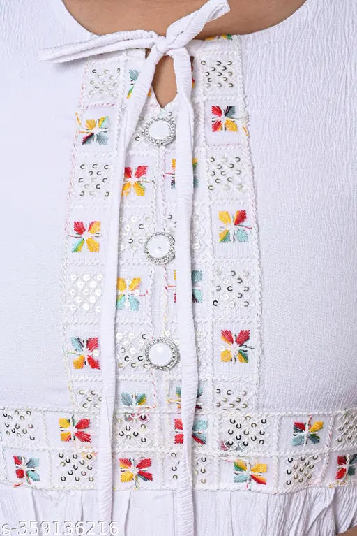 White cotton blend embellished kurtie, three-quarter sleeves, rope waist detail, quality fabric for comfortable wear - India origin