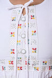 White cotton blend embellished kurtie, three-quarter sleeves, rope waist detail, quality fabric for comfortable wear - India origin