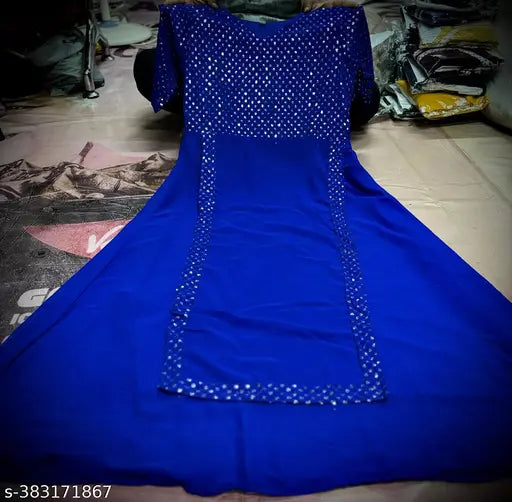 Blue georgette gown, short sleeves, solid sequin pattern. Sequined evening dress on hanger, blue colorway