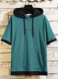 Blue solid cotton half-sleeve hooded T-shirt for men, featuring trendy design and comfortable fit
