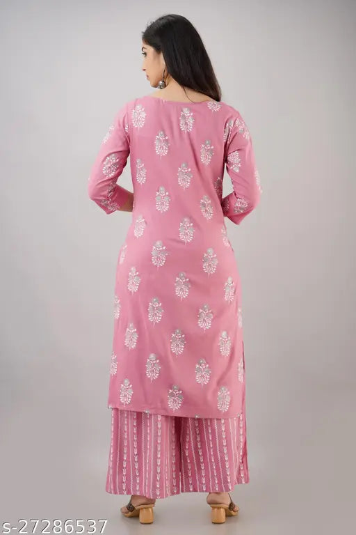 Rayon print net kurta set with palazzos, three-quarter sleeves, for women, available in sizes S to 5XL from India