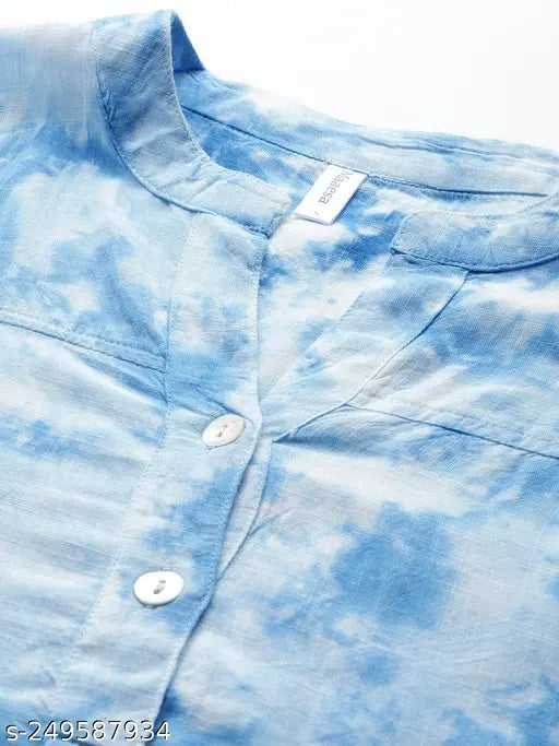 Light Blue Rayon Slub Top, short sleeves, printed pattern on viscose rayon fabric - ideal addition to versatile wardrobe