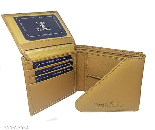 Solid faux leather tri-fold men's wallet with ID window, coin pocket, and multi-card compartment. Trendy, top-selling accessory for men, shown in a free size (23 cm x 9 cm)