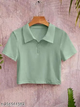 Short-sleeved cotton collar zipper T-shirt, solid color, XS to XL sizes