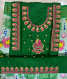 Green Kalamkari Lehenga Choli (un-stitched), digital print on satin, heavy embroidery work, suitable for kids aged 3 to 8 years old