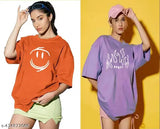 Purple oversized cotton-blend t-shirt with rust face smiley print, perfect for women's fashion and casual style