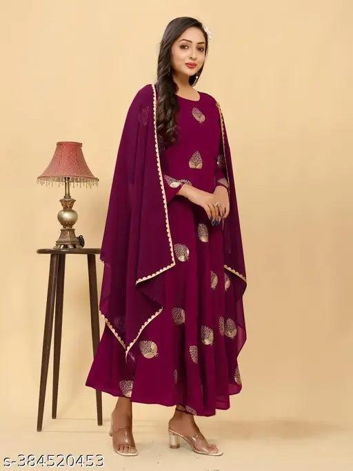 Purple embroidered Georgette maxi kurti, long sleeves, vibrant colors, stunning party wear