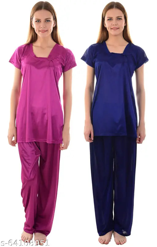 Purple royal blue satin pyjama set for women, Senslife Women's Combo's Night Suit/Top