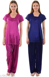 Purple royal blue satin pyjama set for women, Senslife Women's Combo's Night Suit/Top