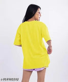 Oversized yellow cotton-blend t-shirt with printed net pattern, suitable for various sizes from S to XL