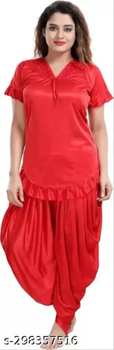 Red silk satin Patiala top and acrylic pyjama set, women's nightwear suit for comfort and elegance