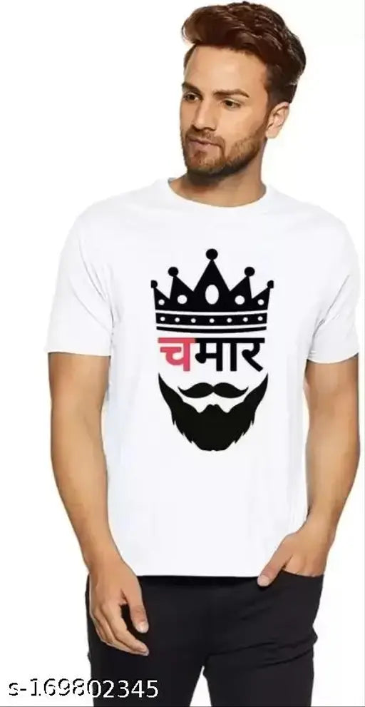 Men's white polyester print round neck t-shirt, BHOOMI DECOR brand from India