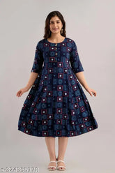 Rayon printed Anarkali flared kurta for women, modern style with abstract print and three-quarter sleeves, India