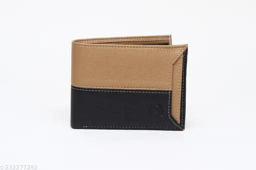 Beige and black PU leather men's wallet with ATM design, organized compartments for essentials and slim feel