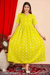 Viscose Rayon geometric print Anarkali Kurta Gowan for women, vibrant Indian fashion with short sleeves