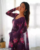 Flower print georgette long gown with dupatta and belt, no bottomwear - Indian fashion for women, sleeved, size S-XXL