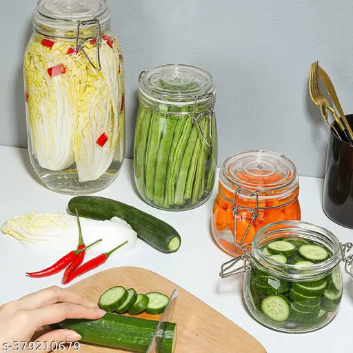 Clear glass airtight jar set, perfect for storing coffee, candy, spices, or pickled foods (Round, Set of 3)