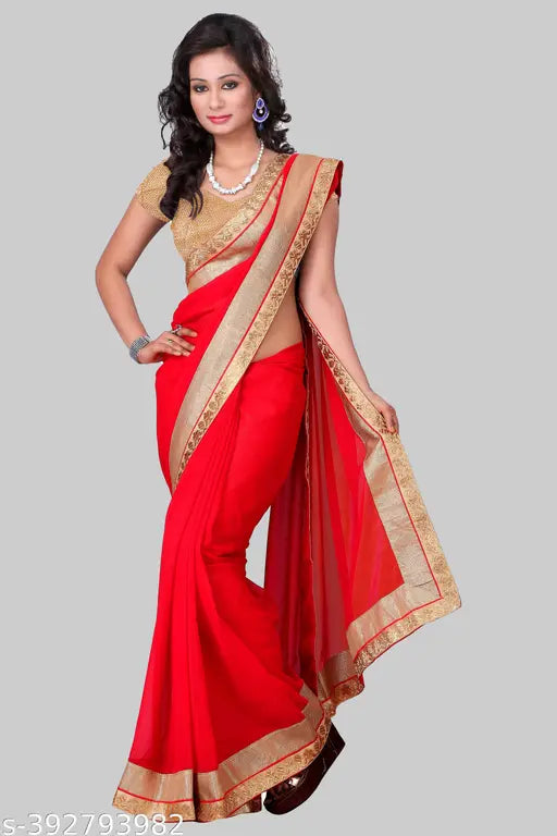 Red Georgette saree with Chiku blouse, solid plain daily wear Bollywood style, Vichitra silk and jacquard pattern, Zari woven net, free size (5.5m saree length, 0.8m blouse length), made in India