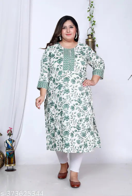 Green and white plus size floral print cotton straight kurta for women, three-quarter sleeve length