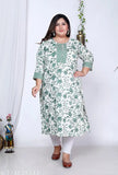Green and white plus size floral print cotton straight kurta for women, three-quarter sleeve length
