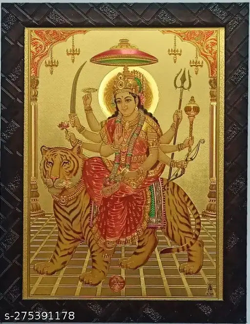 Gold-plated multicolor Goddess Devi Ambaji Amba photo frame (9*12 inches), synthetic resin indoor decorative item for religious artifacts
