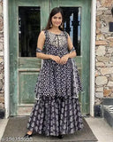Blue rayon kurti set with sharara and dupatta, featuring A-line design and round neck. Lightweight, suitable for various occasions, and available in XS to XXL sizes