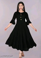 Black rayon round flared bell sleeves kurti with three-quarter sleeves, hand wash or machine wash, suitable for casual and formal occasions