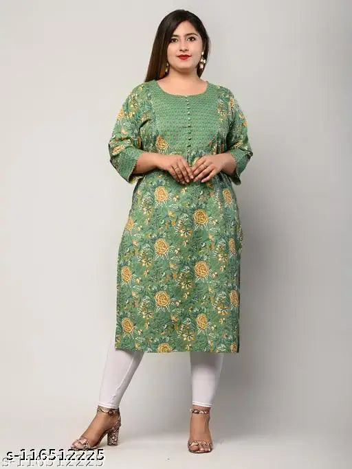 Swasti plus size women's floral print cotton kurta with three-quarter sleeves, available in XXL to 9XL sizes. Indian printed pure cotton straight kurta on display stand