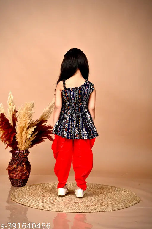Blue and red printed rayon kids' dress set: Kurta with dupatta and dhoti, sleeveless, embellished