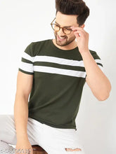 Green cotton blend round striped t-shirt for men, short sleeves, AUSK color block design, India origin