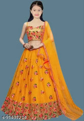 Yellow embroidered net Lehenga Choli ethnic wear set, includes Ghagra, Choli, and Dupatta for girls (Pack of 1)