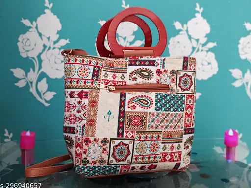 Printed fabric sling bag with adjustable belt (White), features multiple compartments and is a versatile accessory for any occasion, made in India