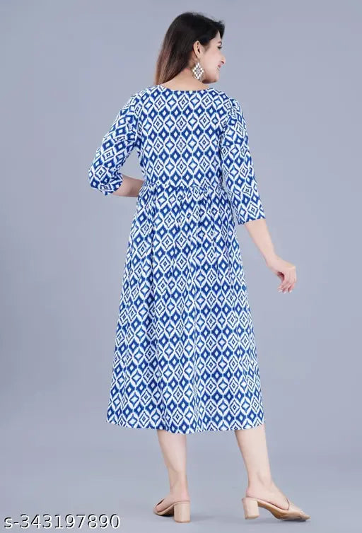 New rayon printed Gaither gown, three-quarter sleeve length, vibrant pattern on display