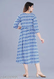 New rayon printed Gaither gown, three-quarter sleeve length, vibrant pattern on display