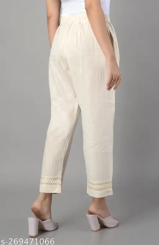Cream Georgette Chikankari embroidered bottom palazzo pants for women, elastic waistband, hand wash only, ankle length
