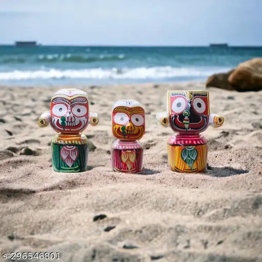 Handcrafted wooden idol set of 4-inch Lord Jagannath, Bishnu, Balaram, and Devi Subhadra. Perfect for puja room, decoration, or car dashboard. Authentic Indian handicraft from Dhaksh