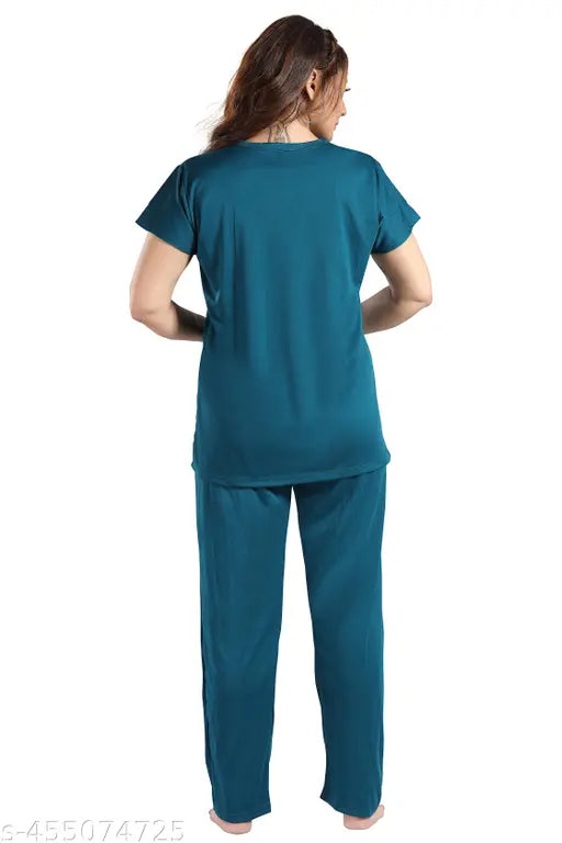 LYCRA women's satin pyjama night suit, solid-colored coord set with pockets. Sizes M, L, XL, XXL for bust sizes 38 to 44 inches and waist/length sizes accordingly. Made in India