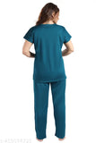 LYCRA women's satin pyjama night suit, solid-colored coord set with pockets. Sizes M, L, XL, XXL for bust sizes 38 to 44 inches and waist/length sizes accordingly. Made in India