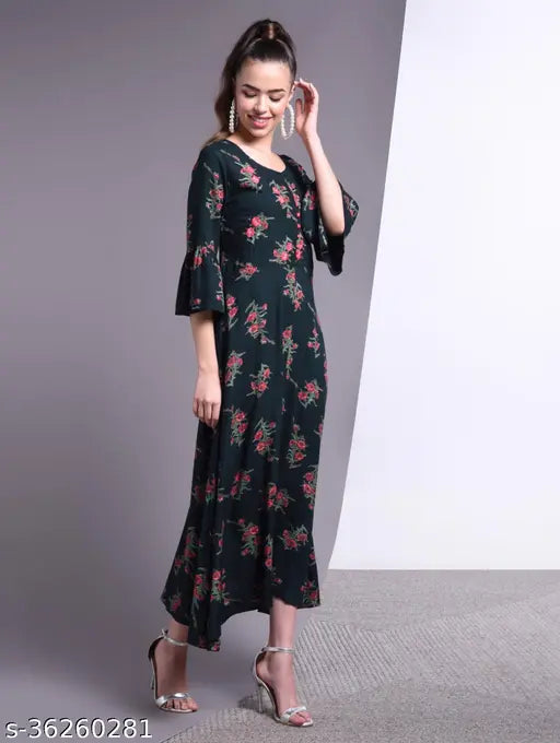 Printed rayon flared kurta for women, three-quarter sleeves, Indian ethnic wear in multiple sizes
