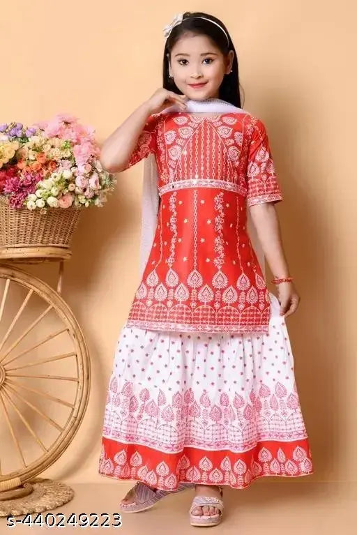 Elegant rayon girls top & bottom sets with dupatta, printed, three-quarter sleeves, various sizes (2-3yrs - 9-10yrs), Indian origin