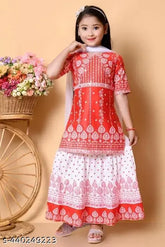 Rayon printed top & skirt set with dupatta for girls (2-3 yrs - 9-10 yrs), elegant Indian fashion