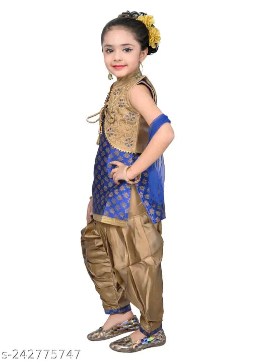 Blue printed designer Kurta patiala salwar suit with jacket and dupatta for girls by Hariyal Creation - Indian ethnic kids wear, A-line style, jacquard fabric, sleeveless, festive party wear