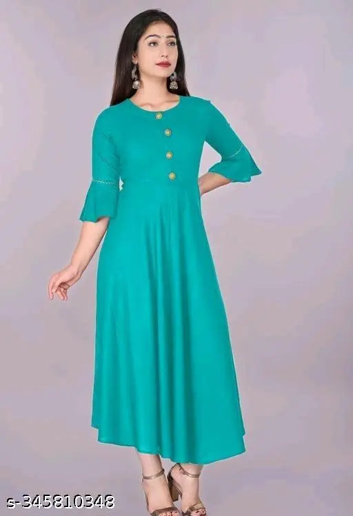 Teal rayon round flared bell sleeves kurti with three-quarter sleeves, ideal for casual and formal events. Hand wash or machine wash care instructions provided