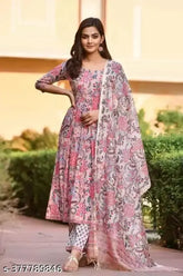Printed cotton Cambric three-quarter sleeve Anarkali gown for women in size M, L, XL, or XXL. Indian handcrafted dress on display