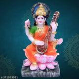 Marble Saraswati statue showpiece sculpture, intricately hand-painted, suitable for Puja and home decor