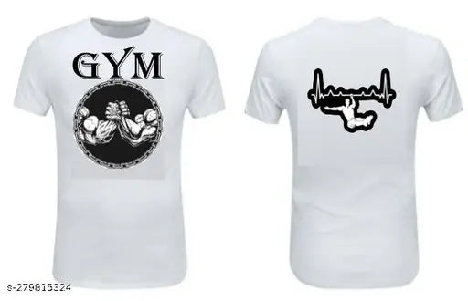 White polyester gym t-shirt with sublimation printing, round neck and short sleeves, for sports activities